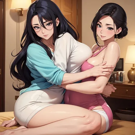 Masterpiece，Best Quality，(There are only two people:1.3)，absolutely beautiful，A mature woman and a (Very little:1.2) Chico, Mother and son hug，Hugs，huge tit,  Ecchi anime style, ecchi style, Full color manga visual style, shoujo manga