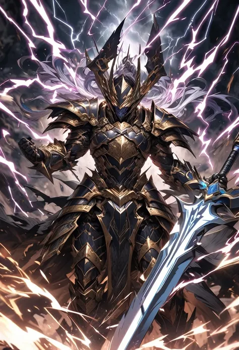 extremely detailed human warrior wearing a set of armor made from lightning wielding a massive spear with both hands made of the same material with lightning swirling around them