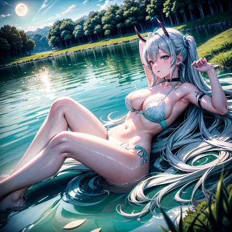 Miku Nakano lying on the grass on the banks of a lagoon watching the sky, in white underwear, long gray hair, 2 large horns equal to BLOODY MOON from free fire, black eyes, provocative face.
soft lighting, slight mid-day blizzard.