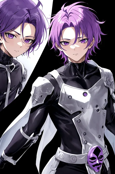 anime drawing style of a purple haired effeminate boy with a mask that only covers the upper part of his face such as his forehead and eyes and the eyes have a white colored glass so they cannot be seen, the mask being black and the boy does not have a mou...