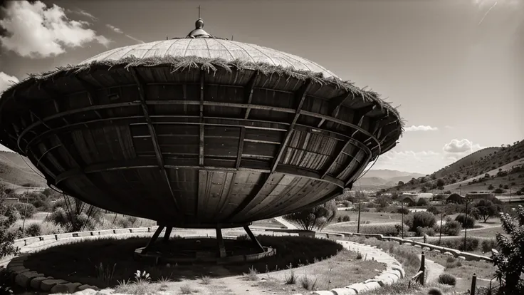 Wide aspect ratio, 1920s old analog photo, damaged old film, grainy, blurry, B&W Sepia tone, of a 3 meters diameter alien flying saucer U.F.O. hovering 1 meters above the ground, in the middle of the Oaxacan Mountains in San José del Pacífico, 3 Mexican  c...