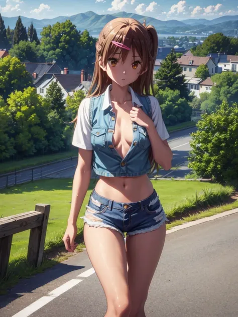 Girl, short blue jeans short, Unbuttoned safety Reflective vest on a naked body , You can see her breasts, Road works  background , openlegs, Bare chest, small breast, slim body, slim legs, wet body, Sneakers 