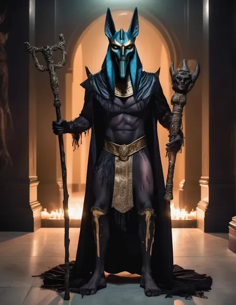 a man dressed as realistic zumbi anubis halloween costume design, intimidating scary psychopathic man, anubis mask, dark energy,...