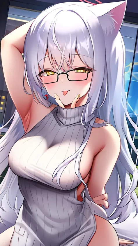 A 20-year-old female angel with long, white hair, yellow eyes, white cat ears, and large white angel wings. A glowing yellow halo ring above his head, round white glasses. (White halter turtleneck sweater, white purekiller sweater, sleeveless, sexy backles...