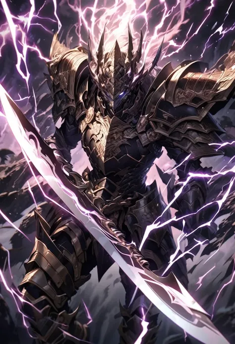 extremely detailed human warrior wearing a set of armor made from pure lightning wielding a spear with both hands made of the same material with lightning swirling around them