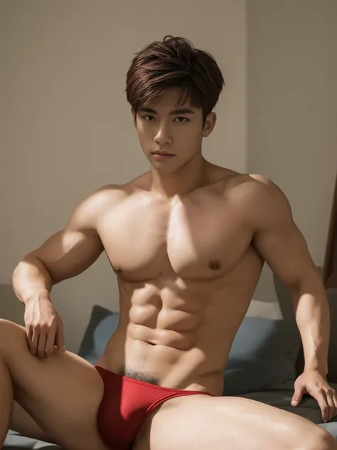 masterpiece, highest quality:1.2,high detail,1 male,good looking,muscular man, Topless ,sports oath,street ,  looking at the viewer, manly, short hair,Hair dyed red,ambient occlusion, sitting, spread legs, lifted arms, wearing thongs, pubes