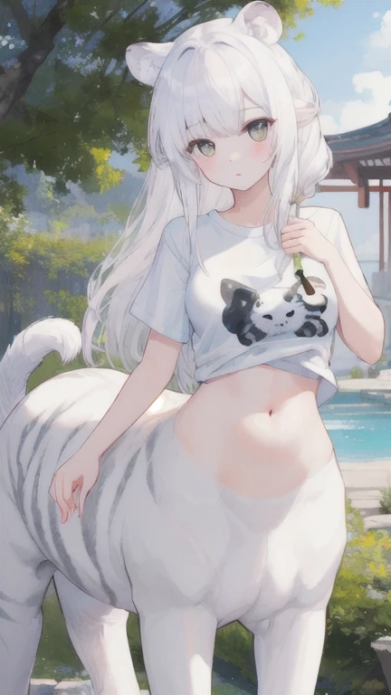 (best quality, masterpiece), 1 girl, centaur, It takes, White skin, Korean  , exposing the abdomen,belly button t-shirt, 아름다운 소녀 perfect white tiger photo, perfect white tiger photo