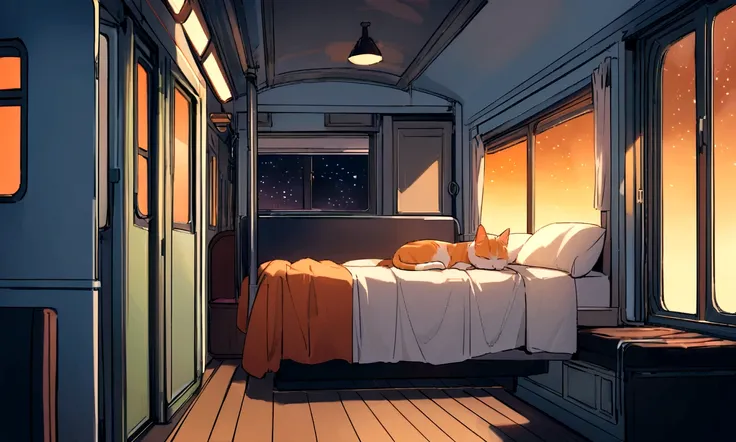 Cat sleeping in a cozy room on the train, Comfortable bed, The window and the night outside, Dim orange light, Its dark outside,Starry sky outside、Very cozy room on the train.Trailer House、A cat、