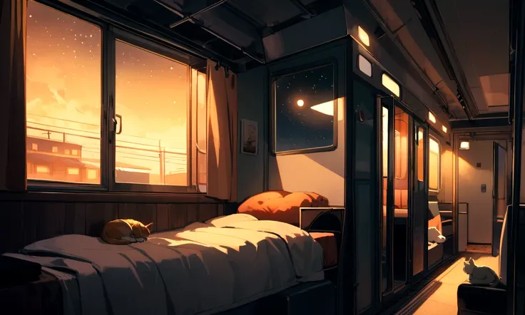 Cat sleeping in a cozy room on the train, Comfortable bed, The window and the night outside, Dim orange light, Its dark outside,Starry sky outside、Very cozy room on the train.Trailer House、A cat、