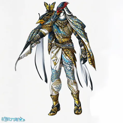 Drawing of a man with a bird-beak mask on his head, Whole body concept,Old people , Butterfly patterned shawl and skirt，Showing off muscles，Penguin head shaped steel arm，New clothing concept design, complex fantasy character, Concept Character, Orc concept...