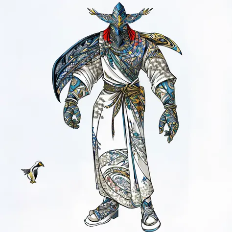 Drawing of a man with a bird-beak mask on his head, Whole body concept,Old people , Butterfly patterned shawl and skirt，Showing off muscles，Penguin head shaped steel arm，New clothing concept design, complex fantasy character, Concept Character, Orc concept...