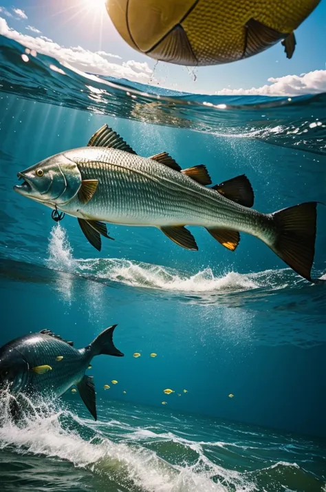 A fisherman and a big fish fight over a rugby ball 