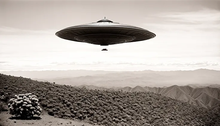 Wide aspect ratio, 1920s old analog photo, damaged old film, grainy, blurry, B&W Sepia tone, of a 3 meters diameter alien flying saucer U.F.O. hovering 1 meters above the ground, in the middle of the Oaxacan Mountains in San José del Pacífico, 3 Mexican  c...