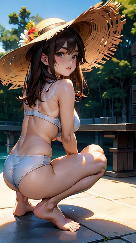 Medium chest, Sports Late, (Best lighting and shadow effects, Ultra-realistic), Cute and symmetrical face, an animated image of a hot naked japanese girl with 比基尼 on, 1girl, swimsuit, 比基尼, 独奏, Ass, adjusting clothes, hat, breasts, day, brown hair, black 比基...