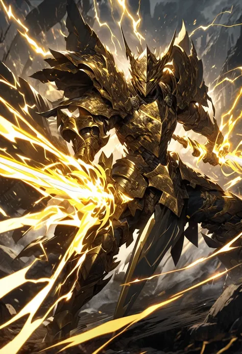 extremely detailed human warrior wearing a set of armor made from yellow lightning while wielding a spear with both hands made of the same material with lightning swirling around them