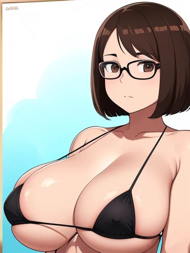 （1 female:1.1），(masterpiece，Highest quality，Drawing Frame Depth，Anatomically correct,Accurate depiction,High resolution:1.2),Anime，(Brown Hair、Bob Hair,Glasses,Very large breasts, black micro bikini:1.2),(Looking at the audience,There&#39;s juice in my cle...