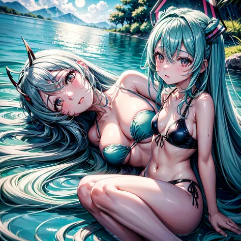 Miku Nakano lying on the grass on the banks of a lagoon watching the sky, bikini colornegroconbordesdorados, long gray hair, 2 large horns on the forehead, equal to BLOODY MOON from free fire, black eyes, provocative face.
soft lighting, slight mid-day bli...