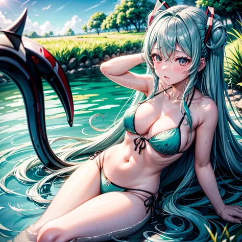 Miku Nakano lying on the grass on the banks of a lagoon watching the sky, bikini colornegroconbordesdorados, long gray hair, 2 large horns on the forehead, equal to BLOODY MOON from free fire, black eyes, provocative face.
soft lighting, slight mid-day bli...