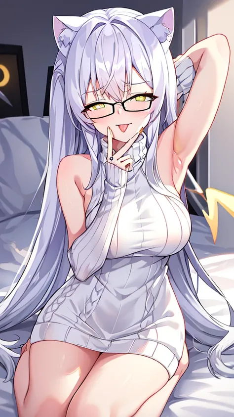 A 20-year-old female angel with long hair, white hair, yellow eyes, white cat ears, and white angel wings. A glowing yellow halo ring above the head. Round glasses. (White halter turtleneck sweater, white purekiller sweater, sleeveless, sexy backless sweat...