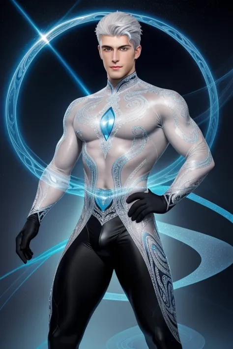 Quater body shot photorealistic ultra realism high definition aesthetic stabilized diffusion picture of handsome hunky fractal clean shaven white haired Zayne as celestial Islaw,blue eyes ,wearing black and silver swirls and twirl filigree sparkling biomor...