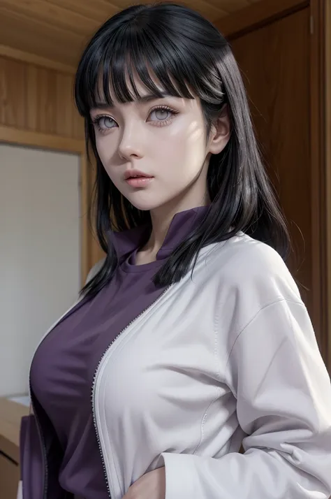 hinata from naruto, realistic, age 25, extreme pure white skin, white eyes, black long bangs, hair, purple ninja jacket, perfect...