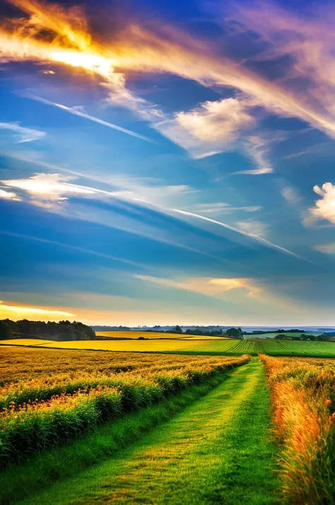 original landscape，sky and clouds，tyndall effect，a country road，colorful hot air balloon，tyndall effect，tyndall effect，high qual...