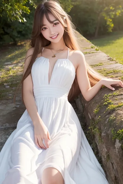 Tabletop, Highest quality, Super detailed, In detail, High resolution, 8k wallpaper, Perfect dynamic composition, Natural color lip,(Wearing a long white dress:1.3),(Long Hair:1.3),I want to convey a fun atmosphere.,20-year-old girl,(smile:1.3)、Beautiful h...