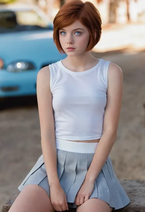  Teen movie scene,Women,protagonist,16 years old,hopeful face,blue eyes,short hairstyle,reddish hair with white gray,, with skirt, visible panties, sitting, sexy, 