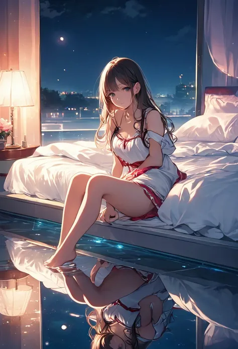 score_9, score_8_up, score_7_up, rating_safe, lovehotel, reflection ground, glowing bed, sitting, 1girl, full body shooting, from front, looking at viewer