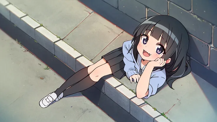 1girl, bangs, hoodie, school skirt, knee socks, dark eyes, blunt bangs, flat chest, fangs, black hair, looking at viewer, bored, laid down, laid back in brick wall, alley, solo