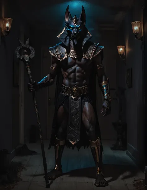 a man dressed as realistic anubis halloween costume design, intimidating psychopathic man, anubis mask, dark energy, black costu...