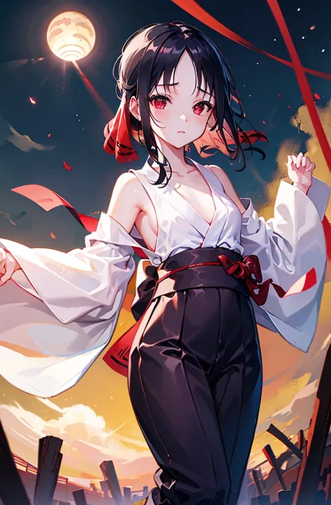 random pose,show your pants、roll up your clothes、yukata、black hair、small breasts、random pose、red ribbon、pale red eyes、tanabata、y...