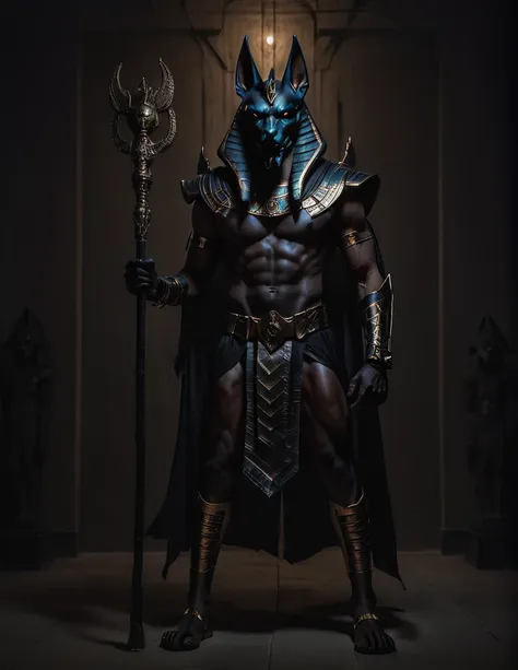 a man dressed as realistic Anubis halloween costume design, elegant intimidating psychopathic man, anubis mask, dark energy, black costume, holding a staff, full body highly detailed, cinematic lighting, dramatic atmosphere party entrance, photorealistic, ...