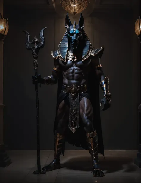 a man dressed as realistic Anubis halloween costume design, elegant intimidating psychopathic man, anubis mask, dark energy, black costume, holding a staff, full body highly detailed, cinematic lighting, dramatic atmosphere party entrance, photorealistic, ...