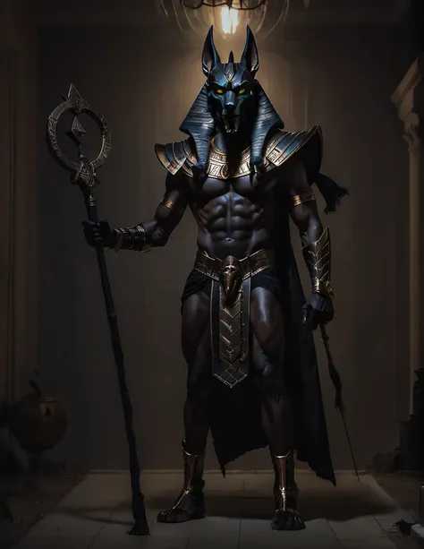 a man dressed as realistic anubis halloween costume design, elegant intimidating psychopathic man, anubis mask, dark energy, bla...