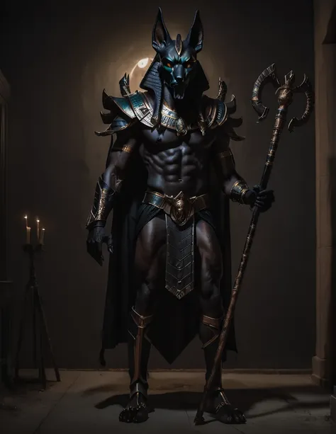 a man dressed as realistic anubis halloween costume design, elegant intimidating psychopathic man, anubis mask, dark energy, bla...