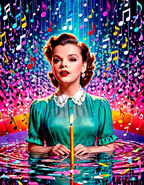 Generate a portrait of Judy Garland in a whimsical, dreamlike setting, surrounded by floating musical notes and vibrant colors. hyper realistic photo, vibrant colors, 16k