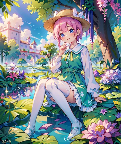 ichika nakano, dressed as sweetie belle from my little pony, solo, 1 girl, in a mythical garden: 2.0, (short pink hair, coil cur...