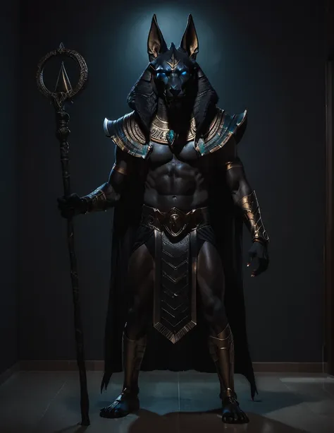 a man dressed as realistic anubis halloween costume design, elegant intimidating psychopathic man, anubis mask, dark energy, bla...