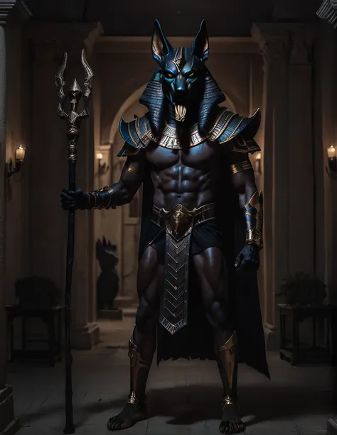 a man dressed as realistic anubis halloween costume design, elegant intimidating psychopathic man, anubis mask, dark energy, bla...