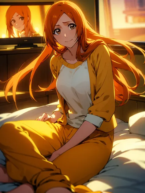 orihime inoue, 1girl, single, sitting on bed, wearing yellow pajamas, yellow shirt, yellow pants, hair between the eyes, long ha...