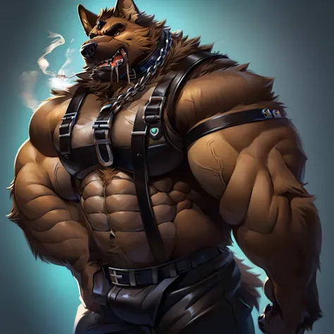 muscular male anthropomorphic german shepherd, black leather harness, police badge, black leather pants, black fur on body, tan fur on body, light light brown fur on body, cigar lit in mouth, black leather collar, silver chain, refined leather, rippling mu...