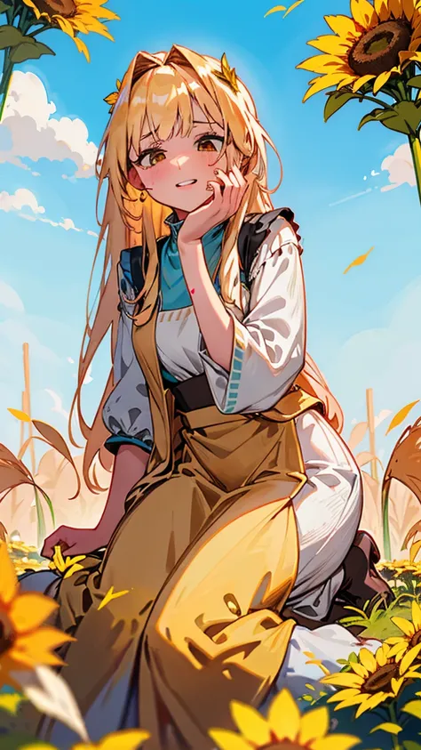 Walking through a tranquil countryside, the Giantess Goddess with sunflower yellow skin and earth brown eyes navigates the fields and winding paths. Her hair, a cascade of golden wheat, sways in the gentle breeze. Farmers and villagers pause in their work,...