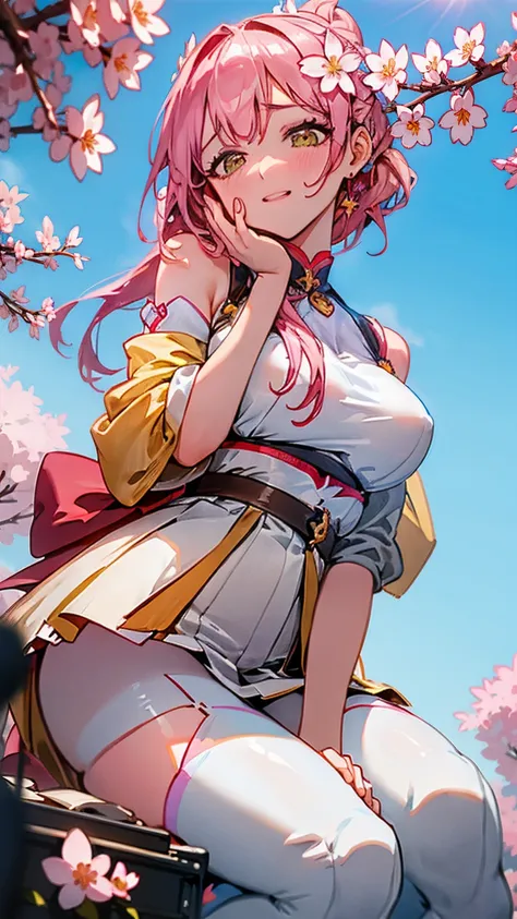 Among a vibrant music festival, the Giantess Goddess with cherry blossom pink skin and sunshine yellow eyes stands amidst the stages and dancing crowds. Her hair, a cascade of pink petals, catches the sunlight. Festival-goers and performers pause in their ...