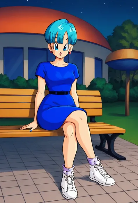 Bulma saga buu , blue dress ,sitting on a bench , park at night , crossed legs , white sneakers with blue tips