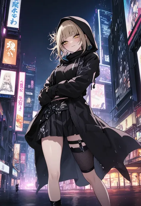 himiko toga、wearing a black hood、rainy dark night city、