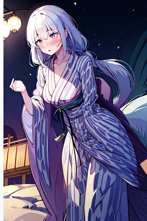 acme face、random pose、undressing、nsfw、yukata、yukata、light silver hair、semi-long hair、summer festival、night、、pale purple eyes、sho...