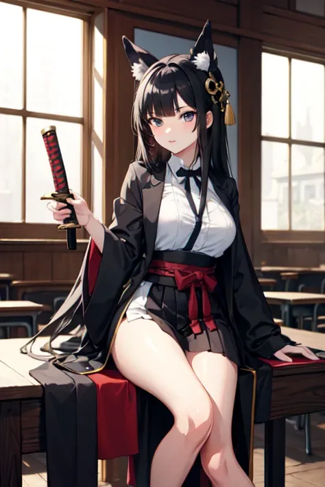 create an anime girl in a  with a samurai sword in a luxurious school landscape and who is 18 years old