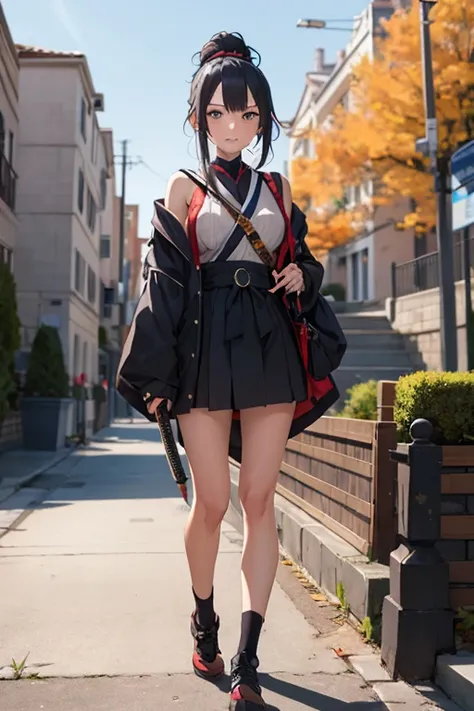 create an anime girl in a  with a samurai sword in a luxurious school landscape and who is 18 years old