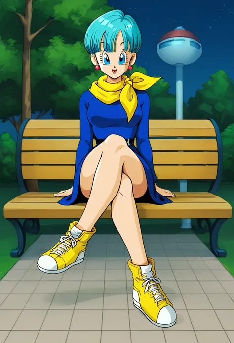 Bulma saga buu , dark blue dress, yellow scarf , sitting on a bench , park night, crossed legs , yellow sneakers with blue tips